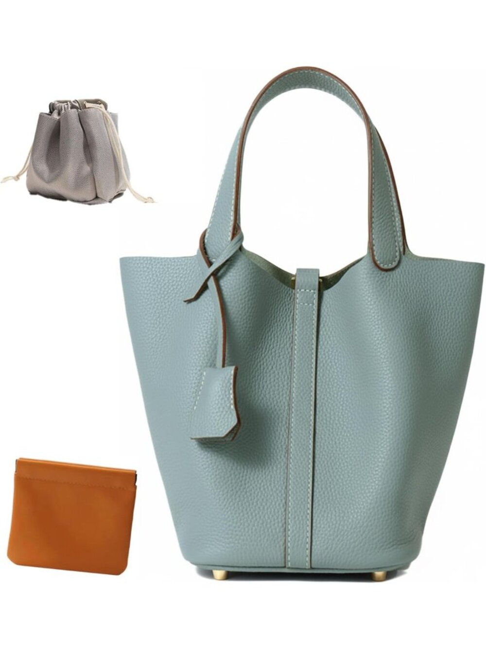Stylish Genuine Leather Bucket Bag, Top-Handle Satchel with Lock, Chic Handbag